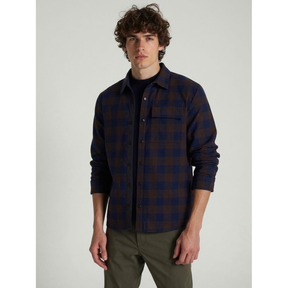 BLOOMINGDALES Shirt Jacket Mens XL Navy Brown Snap Up Elbow Patch Flannel $158